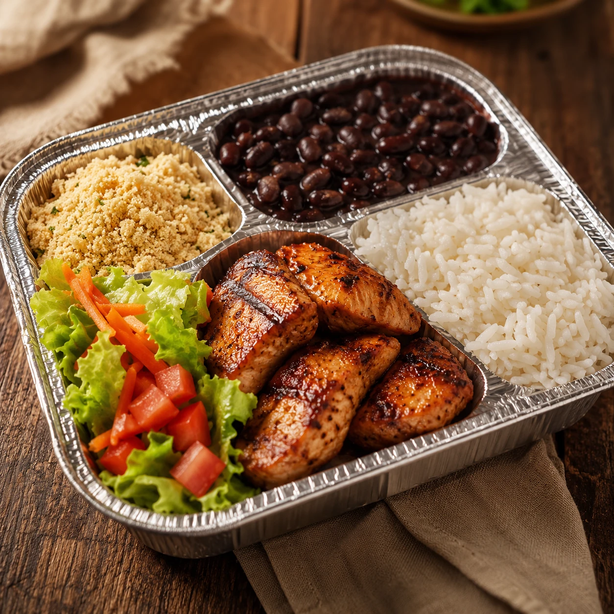 Marmita Flaec Refeições com arroz, feijão, frango grelhado, farofa e salada